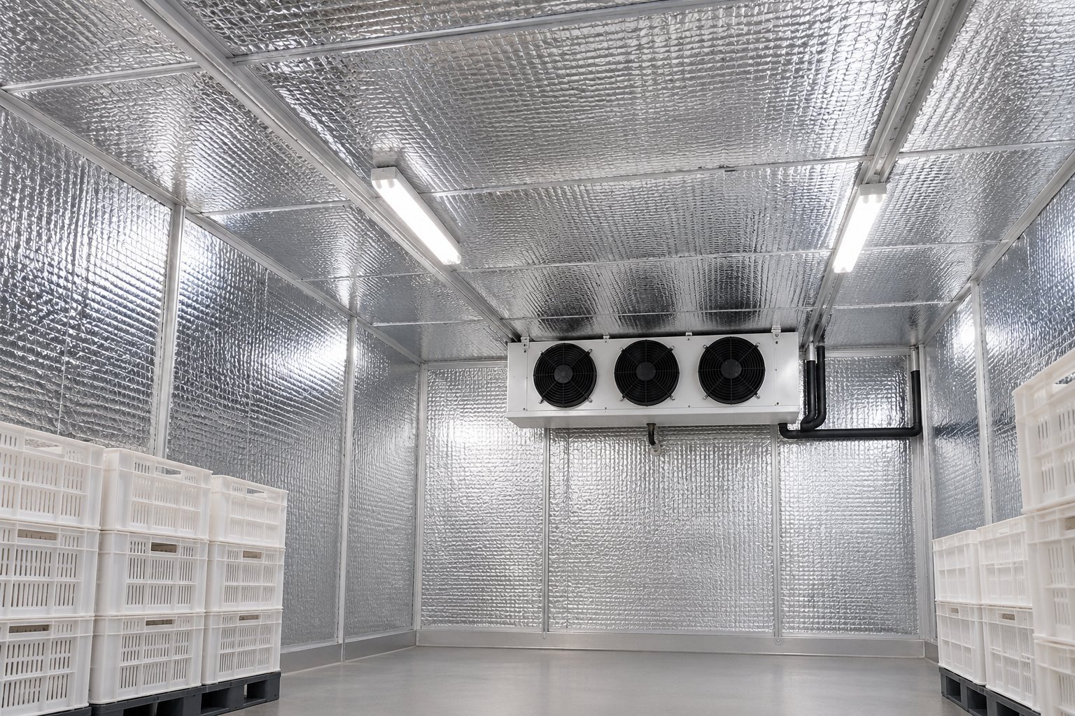 Industrial refrigeration room with reflective metal walls, ceiling-mounted evaporator coils, fluorescent lights, and plastic storage bins on the floor