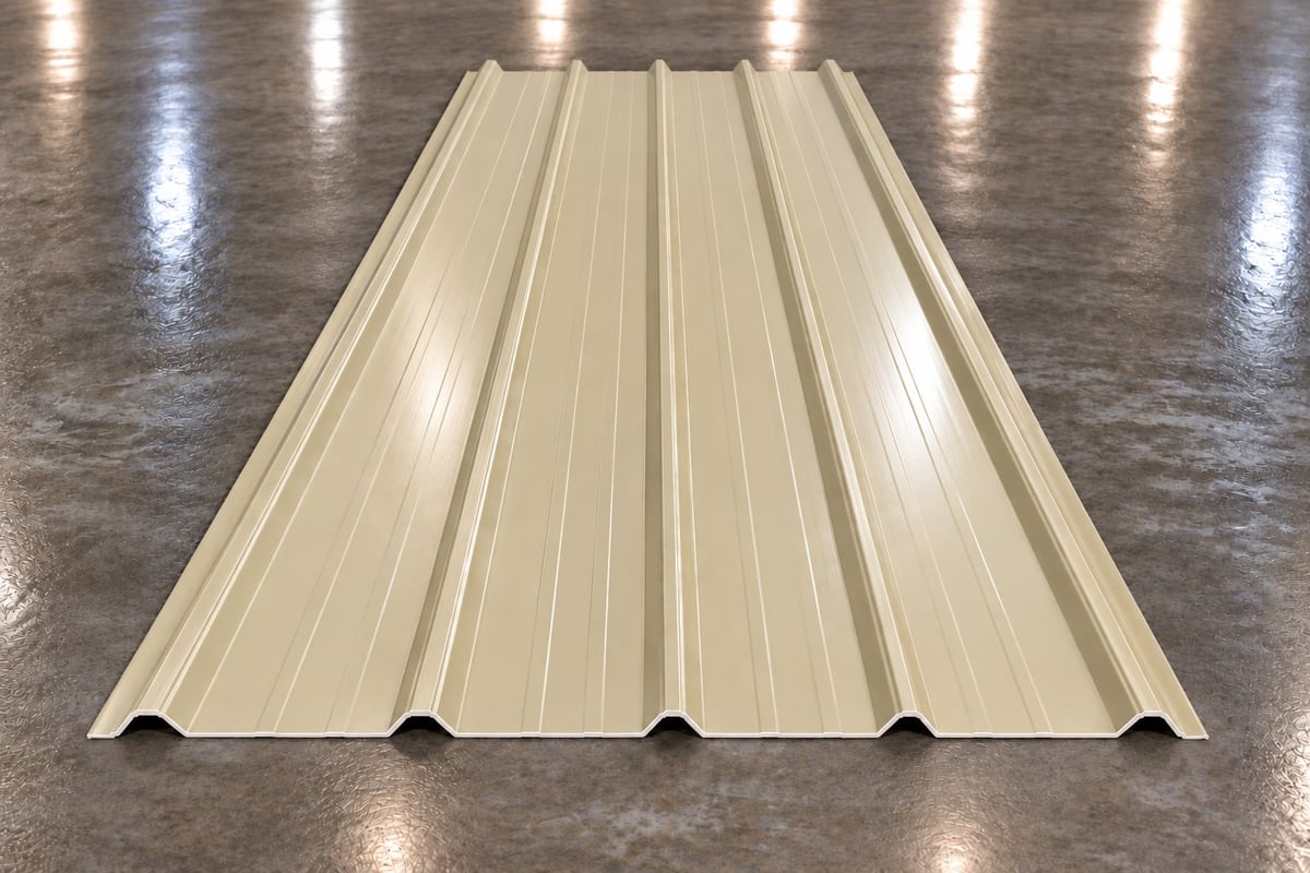 Beige corrugated metal roofing panel on concrete floor under bright lighting